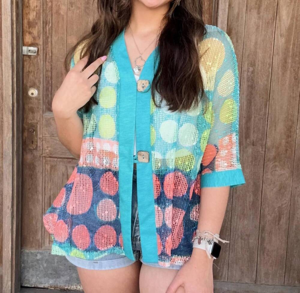 NEW JESS & JANE printed mesh cardigan with two button closure in multicolored